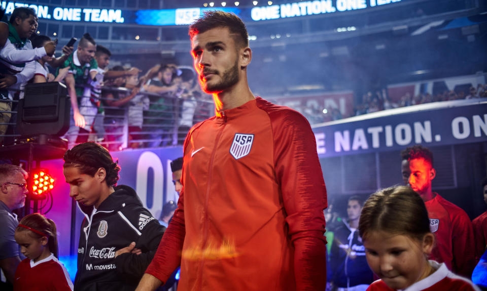 NASHVILLE, TN - SEPTEMBER 11: Diego Lainez of Mexico and Matt Miazga of the United States are seen during both teams walkout for the national anthem prior to an international friendly match between Mexico and the United States at Nissan Stadium on September 11, 2018 in Nashville, Tennessee. (Photo by Robin Alam/Icon Sportswire via Getty Images)