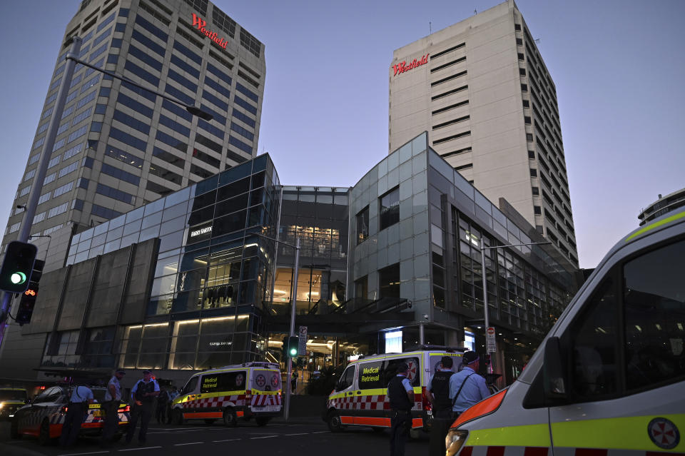 Emergency services are seen at Bondi Junction after multiple people were stabbed inside the Westfield Bondi Junction shopping centre in Sydney, Australia, Saturday, April 13, 2024. Multiple people were stabbed Saturday, and police shot someone, at a busy Sydney shopping center, media reports said. (Steven Saphore/AAP Image via AP)