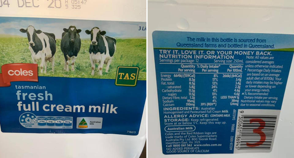 A bottle of Coles Tasmanian milk labelled as a product of Queensland on the back.