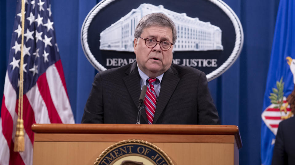 Attorney General William Barr speaks at a news conference at the Department of Justice in Washington, D.C., Monday. (Photo by Michael Reynolds-Pool/Getty Images)