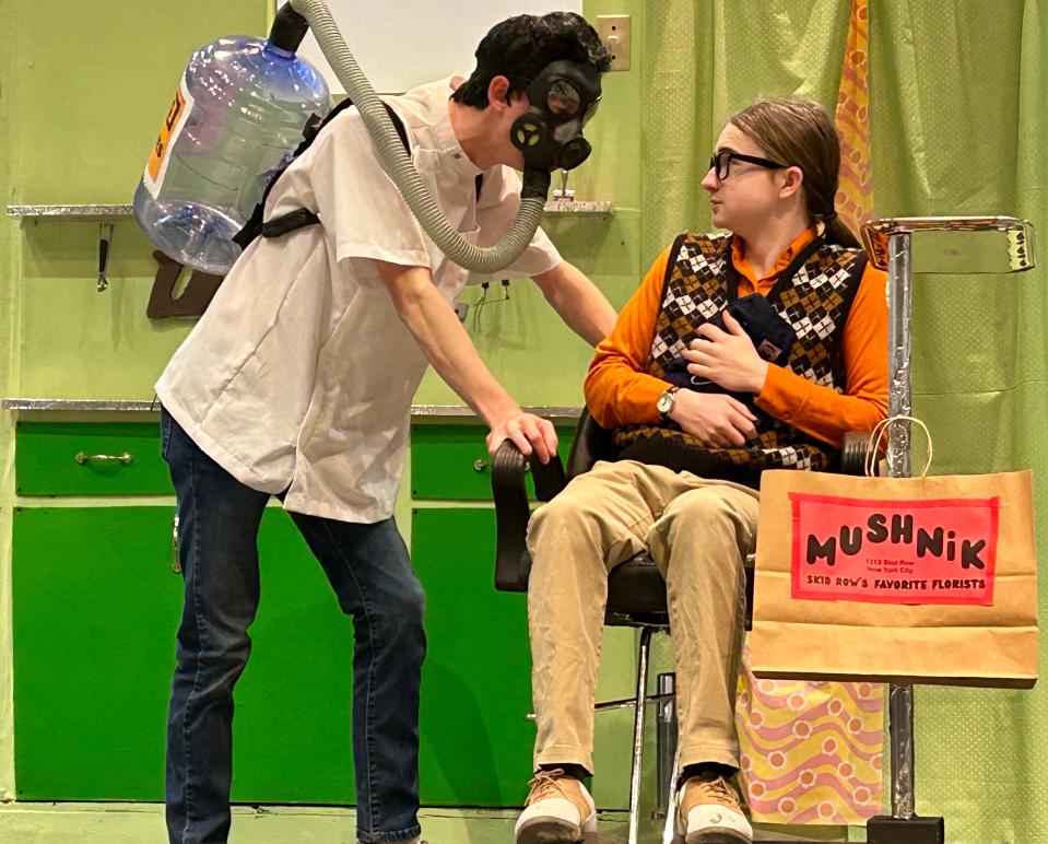 Students rehearse a scene for the musical "Little Shop of Horrors" by the Theatre Department at Mount Mansfield Union High School in Jericho,