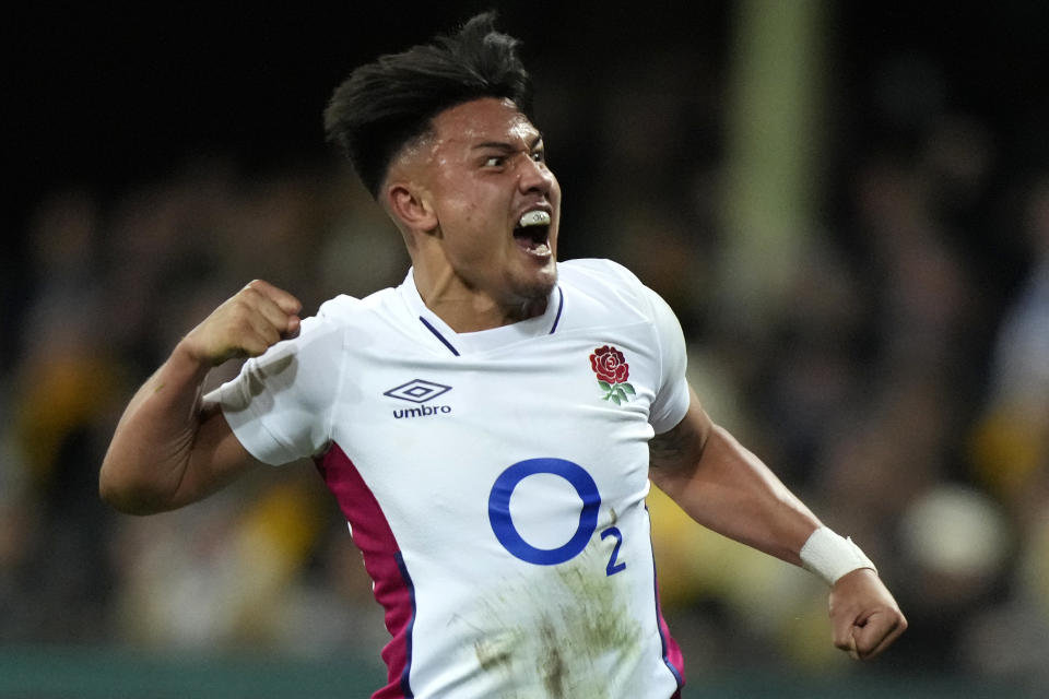 England's Marcus Smith celebrates after scoring a try against Australia during their rugby union test match in Sydney on Saturday, July 16, 2022(AP Photo/Rick Rycroft)