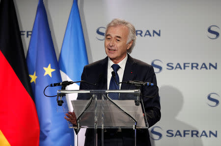 Safran Chief Executive Philippe Petitcolin speaks at aircraft engine maker's Safran site ahead of the signing of the first contracts for joint multi-billion euros programme to develop a next-generation combat jet in Gennevilliers, France, February 6, 2019. REUTERS/Benoit Tessier