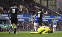 Britain Football Soccer - Everton v Chelsea - Premier League - Goodison Park - 30/4/17 Chelsea's Diego Costa is booked for a challenge on Everton's Maarten Stekelenburg Reuters / Phil Noble Livepic