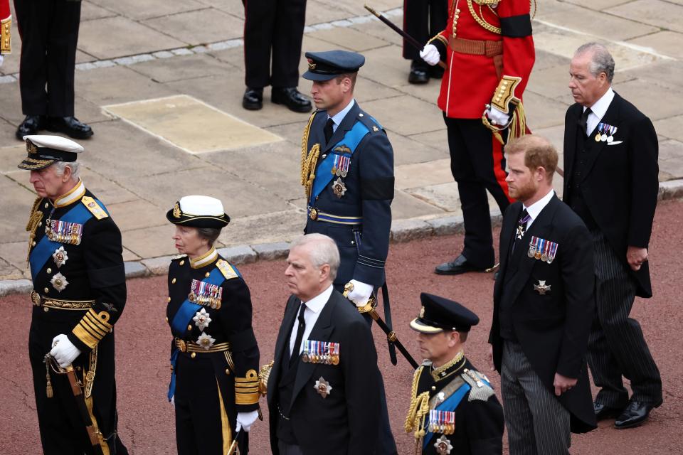 King Charles III, Princess Anne, Princess Royal, Prince Andrew, Duke of York, Prince Edward, Earl of Wessex, Prince William, Prince of Wales, and Prince Harry, Duke of Sussex, attend the Committal Service for Queen Elizabeth II at Windsor Castle, on September 19, 2022.