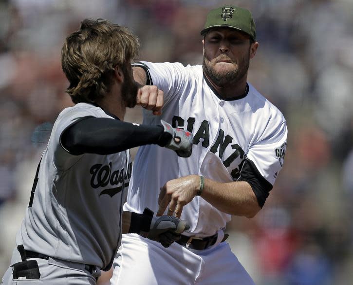 Bryce Harper (left) prepares to hit Hunter Strickland after being hit with a pitch on Memorial Day 2017. (AP)