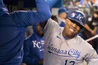 Kansas City Royals' Salvador Perez (13) celebrates his solo home run against the Toronto Blue Jays during sixth-inning baseball game action in Toronto, Friday, July 30, 2021. (Peter Power/The Canadian Press via AP)