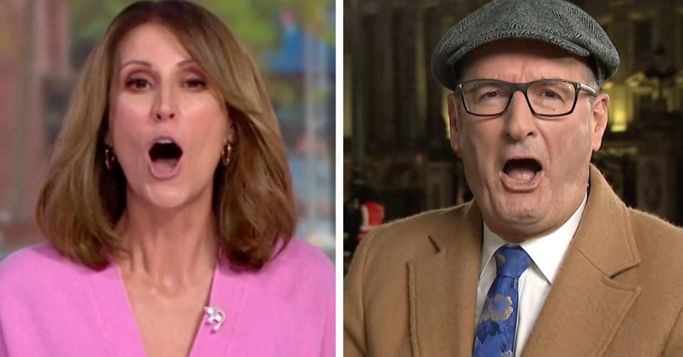 L: Natalie Barr looks shocked on Sunrise. R: David 'Kochie' Koch looks shocked outside Buckingham Palace