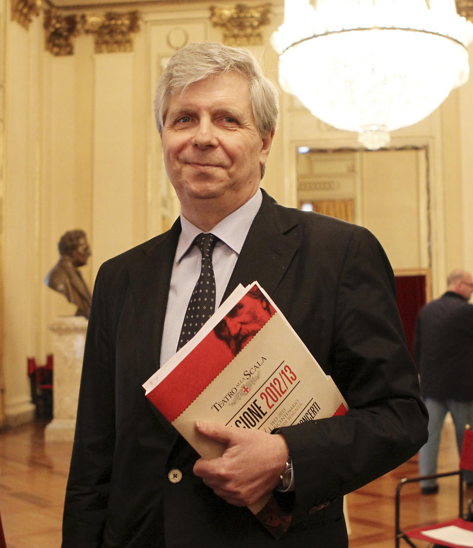 French artistic director of La Scala theater Stephane Lissner arrives for a news conference in Milan, Italy, Friday, April 20, 2012. Daniel Barenboim will conduct Wagner's "Loehngrin" for the Dec. 7 gala season opening of La Scala's 2012-13 season. The famed Milanese opera house will celebrate the dual bicentennial of the births of Giuseppe Verdi and Richard Wagner, with seven Verdi productions and six by Wagner — including the entire "Ring" cycle. The famed Teatro alla Scala was Verdi's musical home, while Barenboim, La Scala's recently confirmed. (AP Photo/Antonio Calanni)