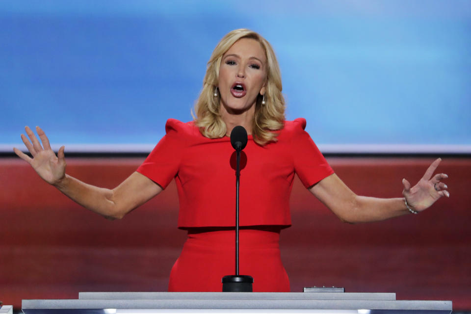 FILE - In this July 18, 2016 file photo, Pastor Paula White delivers the benediction at the close of the opening day of the Republican National Convention in Cleveland. White, now has a formal role in the administration with the Public Liaison office, which oversees outreach to constituent groups seen as key parts of the president’s base. The move giving the Florida-based, tele-evangelist an administration job is seen as another step to solidify his evangelical base as his re-election bid ramps up. (AP Photo/J. Scott Applewhite, File)