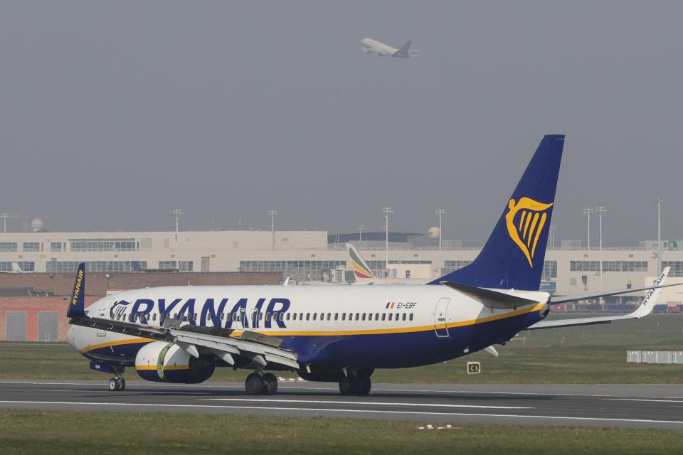 BRUSSELS, April 19, 2021 -- A Ryanair flight front lands while a Brussels airlines flight takes off at the Brussels Airport in Zaventem, Belgium, April 19, 2021. Belgium on Monday ended its ban on non-essential travel within the European Union EU. (Photo by Zheng Huansong/Xinhua via Getty) (Xinhua/Zheng Huansong via Getty Images)