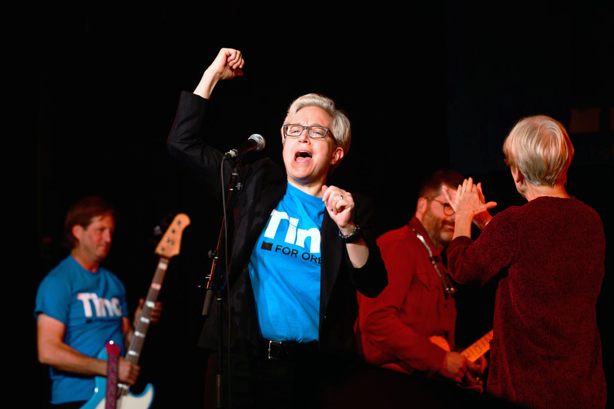 PORTLAND, OR - OCTOBER 22: Democratic gubernatorial Candidate Tina Kotek (Middle Left)) cheers on the crowd during a rally on October 22, 2022 in Portland, Oregon. Kotek was joined by U.S. Senators Elizabeth Warren (D-MA) Jeff Merkley (D-OR) to energize potential voters in a hotly contested gubernatorial race where Republican Candidate Christine Drazan has drawn within striking distance of victory. Oregon has not elected a republican Governor since 1982. (Photo by Mathieu Lewis-Rolland/Getty Images) (Mathieu Lewis-Rolland / Getty Images file)