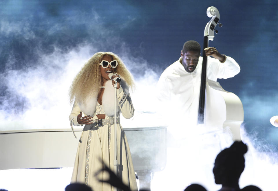 Lifetime achievement award winner Mary J. Blige performs a medley at the BET Awards on Sunday, June 23, 2019, at the Microsoft Theater in Los Angeles. (Photo by Chris Pizzello/Invision/AP)