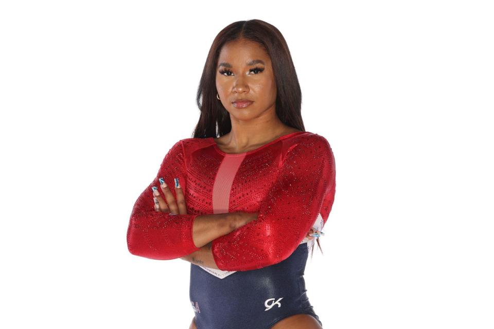 <p>Harry How/Getty</p> Gymnast Jordan Chiles poses during the Team USA Paris 2024 Olympic Portrait Shoot at NBC Universal Studios Stage 16 on November 16, 2023 in Los Angeles, 