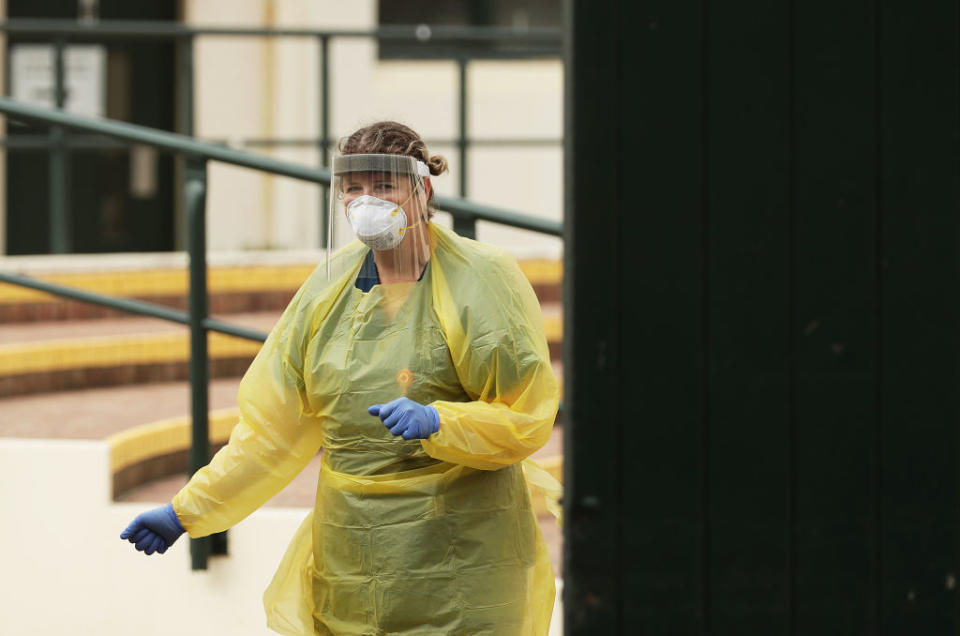 A medical worker is seen at a COVID-19 pop up testing clinic which opened at Bondi Pavilion in Sydney, Australia. 