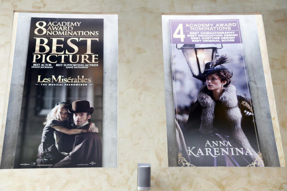 This Thursday, Feb. 21, 2013 photo shows Oscar posters hanging on the wall at Kate Mantilini restaurant in Beverly Hills, Calif. The 85th Academy Awards are held on Sunday, Feb. 24, 2013, in Los Angeles. (AP Photo/Nick Ut)