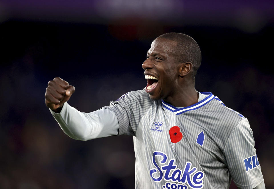 Everton's Idrissa Gueye celebrates after scoring his side's third goal of the game, during the English Premier League soccer match between Crystal Palace and Everton, at Selhurst Park, London, Saturday, Nov. 11, 2023. (Ben Whitley/PA via AP)