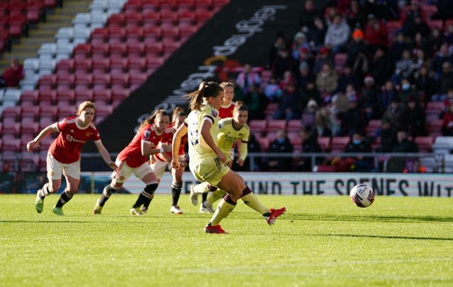 Arsenal Women's Katie McCabe scores their side’s second goal of the game during a 2-0 win at Manchester United