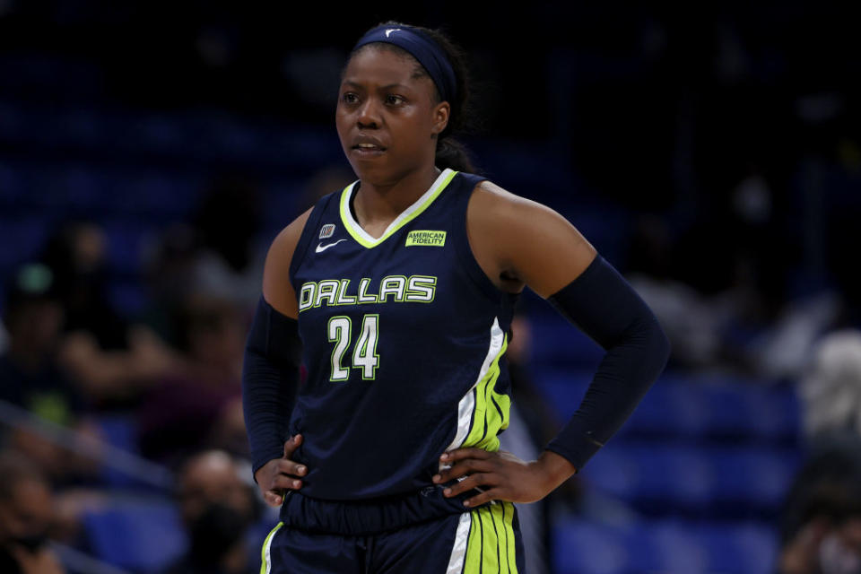 Arike Ogunbowale of the Dallas Wings in action against the Atlanta Dream at College Park Center on Sept. 2, 2021 in Arlington, Texas. - Credit: Getty Images