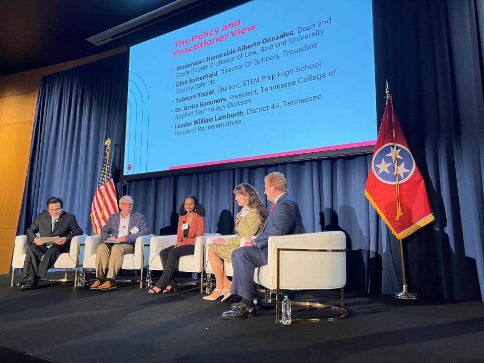 Panel at the SCORE annual education report presentation at the Tennessee State Museum in Nashville on Dec. 8, 2022: left to right, moderator Alberto Gonzales, dean of Belmont University's law school; Trousdale County Schools Director Clint Satterfield; STEM Prep High School student Yabsera Yosief; Tennessee College of Applied Technology-Dickson President Arrita Summers; and state House Majority Leader William Lamberth.