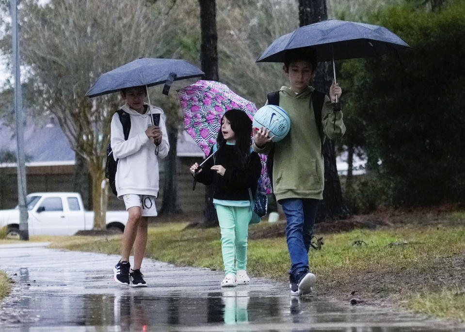 Children carry umbrellas as they make their way along Royal Crossing Drive toward Kings Manor Elementary School in the rain Wednesday, Jan. 24, 2024, in Kingwood, Texas. (Jason Fochtman/Houston Chronicle via AP)