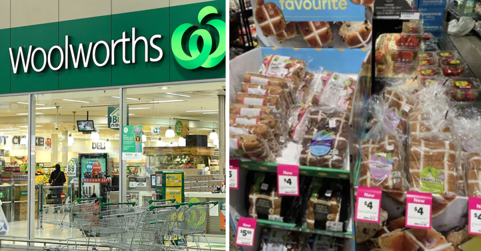 A Woolworths store (left) and a shelf of hot cross buns (right). 