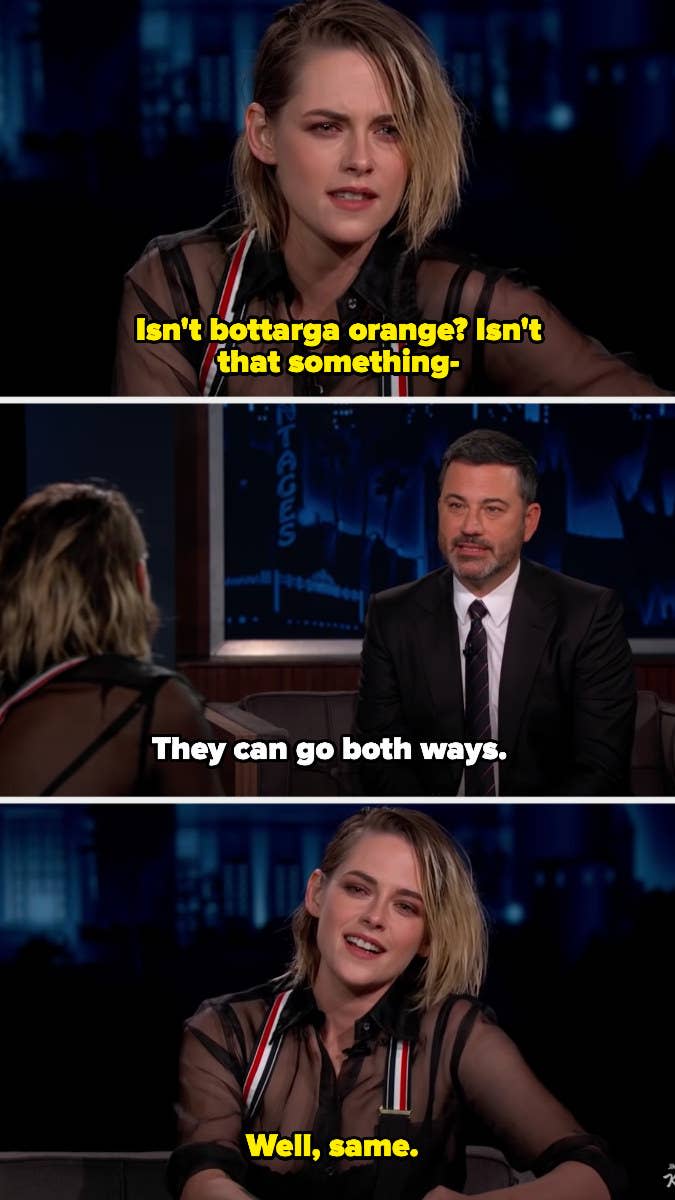 Jimmy saying "they can go both ways" and Kristen saying "well, same"