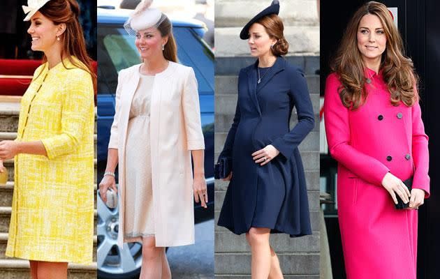 Kate pregnant with George in 2013 (left two) and with Charlotte in 2015 (right two). Photo: Getty