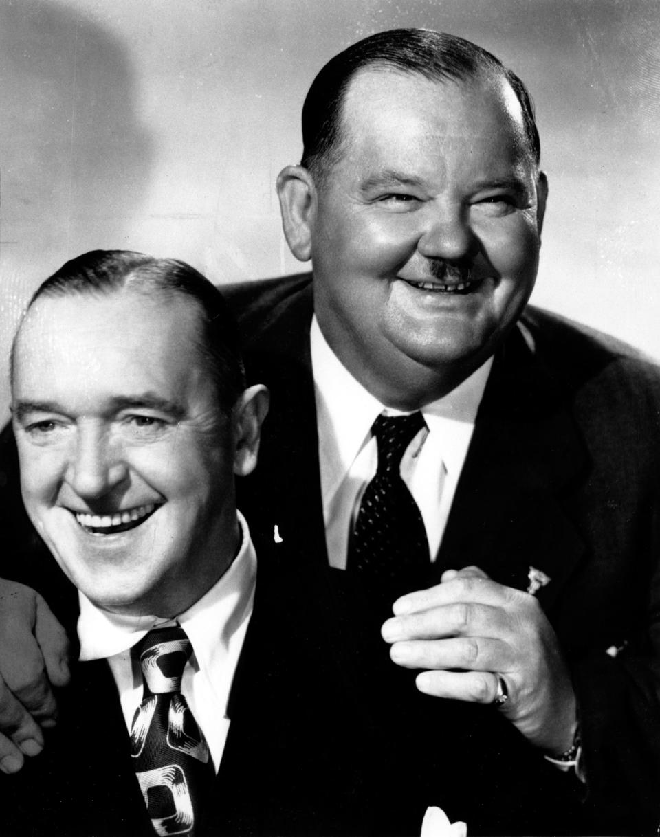 Shown in May 1945, the comedy team of Stan Laurel, left, and Oliver Hardy stars in five short silent films from the 1920s that The Lerner Theatre in Elkhart will screen May 25 as part of its 2023 Kimball Organ Silent Film Series.