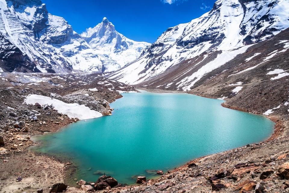 The emerald green fresh water glacier lake of Kedartal situated at the base of Mount Thalay Sagar in the upper Garhwal reaches of Himalayas