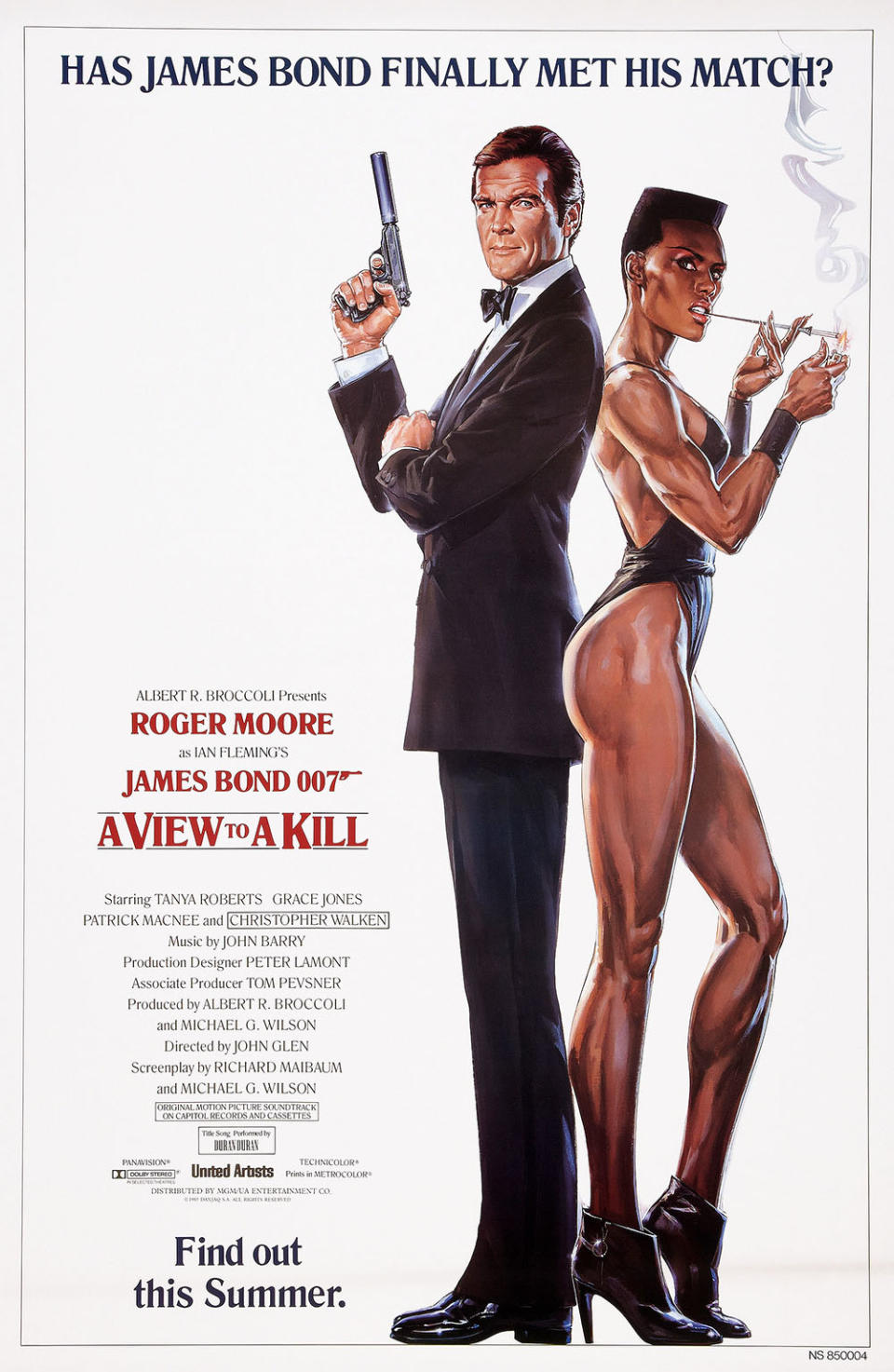 A VIEW TO A KILL, advance US poster art, from left: Roger Moore, Grace Jones, 1985.