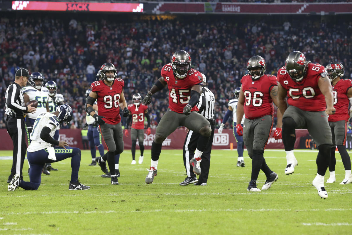 Tampa Bay Buccaneers linebacker Devin White (45) leaves the field after an  NFL football game against the Minnesota Vikings, Sunday, Sept. 9, 2023 in  Minneapolis. Tampa Bay won 20-17. (AP Photo/Stacy Bengs