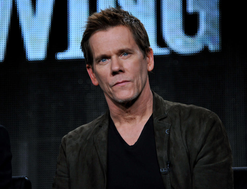 Kevin Bacon is seen during the panel for "The Following" at the FOX Winter 2014 TCA, on Monday, Jan. 13, 2014, at the Langham Hotel in Pasadena, Calif. The two stars of Fox's creepy thriller "The Following" admit that their show gives them nightmares. Bacon and James Purefoy both said today that the characters stick with them after work. (Photo by Richard Shotwell/Invision/AP)