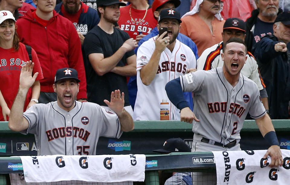 Justin Verlander and Alex Bregman celebrate the Astros going ahead in ALDS Game 4. (AP)