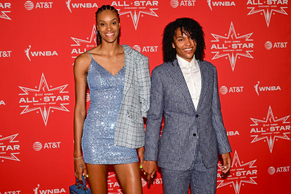 Connecticut Sun teammates and partners DeWanna Bonner and Alyssa Thomas walk the orange carpet during the 2022 WNBA All-Star weekend in Chicago. (Photo by Quinn Harris/Getty Images)