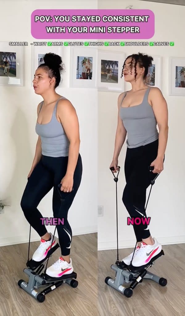 On TikTok, Phoenix Alazam, a certified personal trainer and mom of two from Illinois, credited her mini stepper with reducing her waistline while strengthening her glutes, arms and calves. TikTok/phoenixalazam
