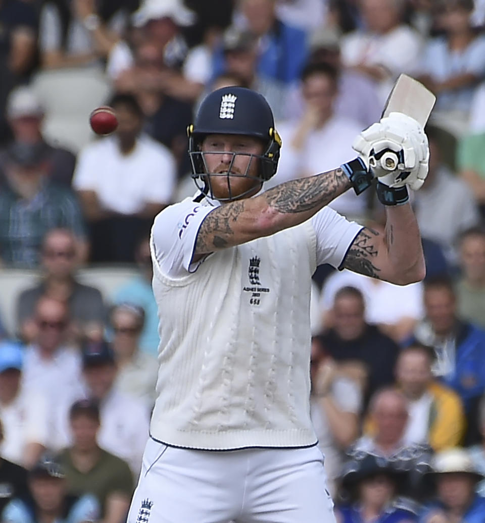 England's Ben Stokes bats during the third day of the fourth Ashes Test match between England and Australia at Old Trafford, Manchester, England, Friday, July 21, 2023. (AP Photo/Rui Vieira)