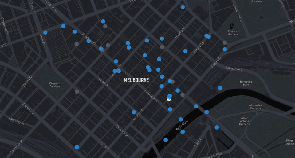 A map showing the location of pedestrian sensors around Melbourne.