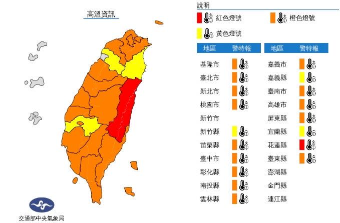 ▲明天全台17縣市發高溫示警，有連續出現38度極端高溫的機率。（圖／氣象局）