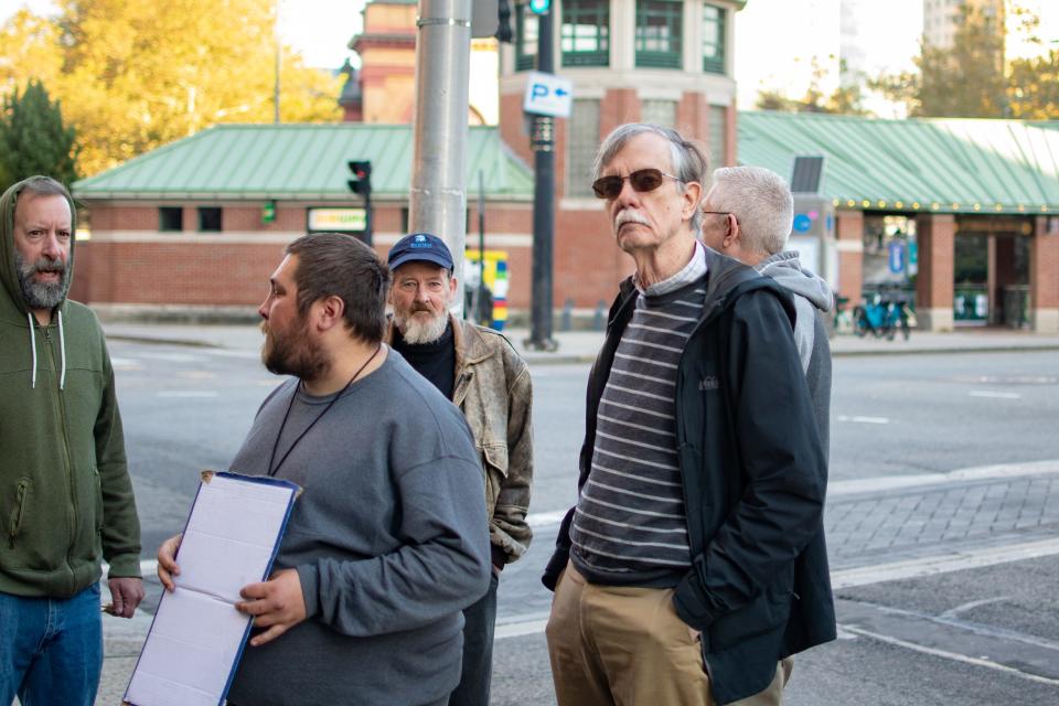 Eric Hirsch, right, at a protest on Wednesday at  Providence City Hall, over the lack of shelter for the unhoused population.