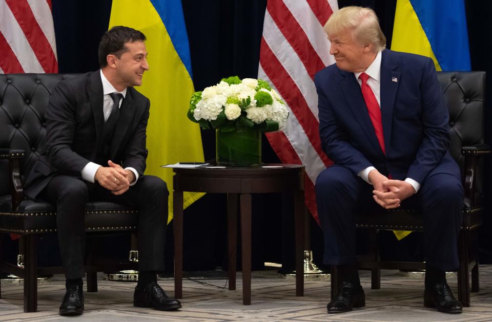 US President Donald Trump and Ukrainian President Volodymyr Zelensky speak during a meeting in New York on September 25, 2019, on the sidelines of the United Nations General Assembly.