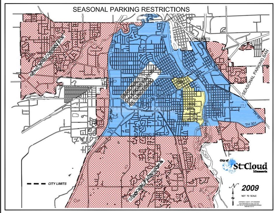 A map shows seasonal parking restrictions in St. Cloud.