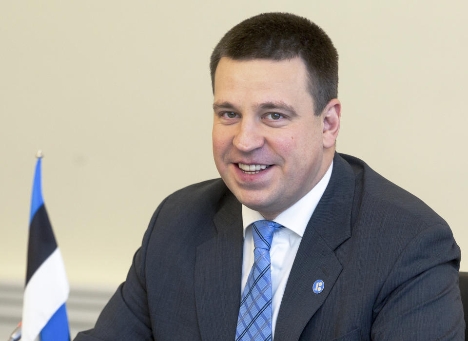 Estonian Prime Minister Juri Ratas smiles prior to a cabinet meeting, where he heads a coalition of his Social Democrats and the conservative Fatherland, in Tallinn, Estonia, Thursday, Feb. 28, 2019. Ratas has headed the coalition government since November 2016, when the previous, center-right government collapsed, but he faces an election upcoming Sunday with nearly a million eligible voters choosing Estonia's legislature. (AP Photo/Raul Mee)