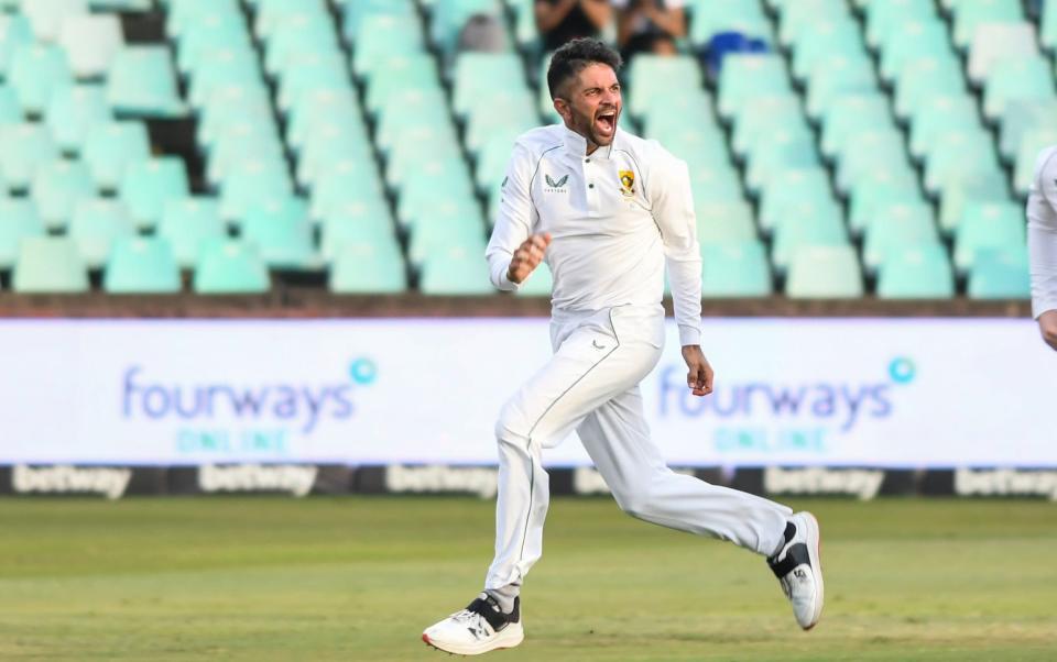 Keshav Maharaj of South Africa celebrates the wicket of Mominul Haque, captain of Bangladesh during day 4 of the 1st ICC WTC2 Betway Test match between South Africa and Bangladesh at Hollywoodbets Kingsmead Stadium on April 03, 2022 in Durban, South Africa - Getty Images Europe 