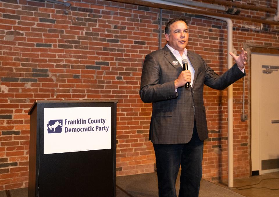 Columbus Mayor Andrew Ginther speaks on election night Nov. 8 to the crowd at the Franklin County Democratic Party celebration at Strongwater in Columbus.