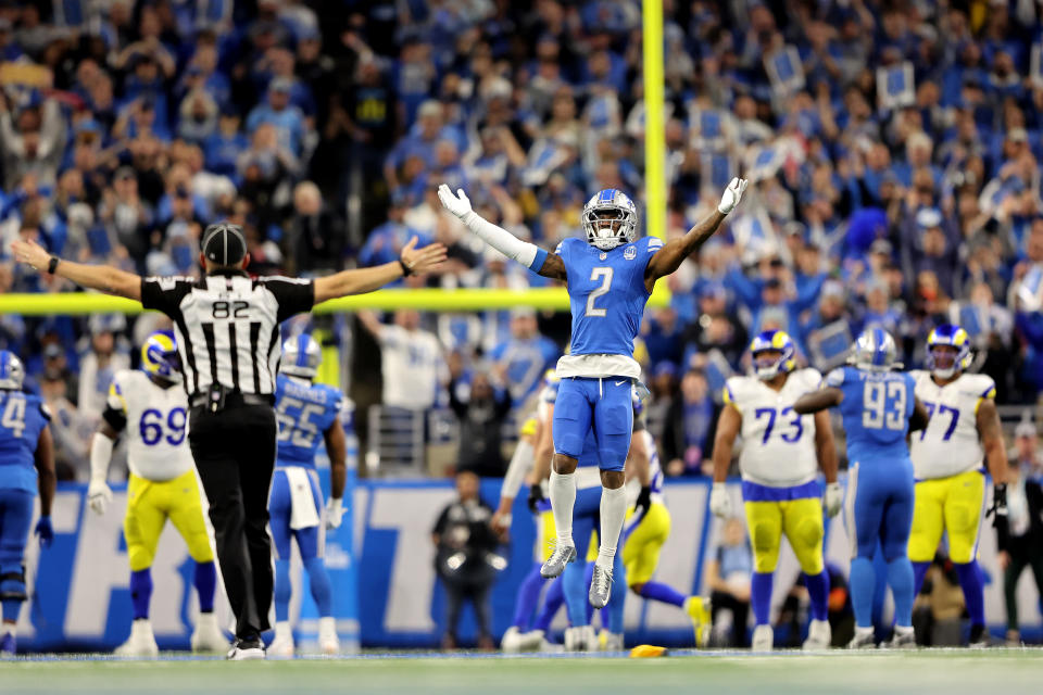 DETROIT, MICHIGAN – JANUARY 14: C.J. Gardner-Johnson #2 of the Detroit Lions reacts after a play during the fourth quarter against the Los Angeles Rams in the NFC Wild Card Playoffs at Ford Field on January 14, 2024 in Detroit, Michigan. (Photo by Rey Del Rio/Getty Images)