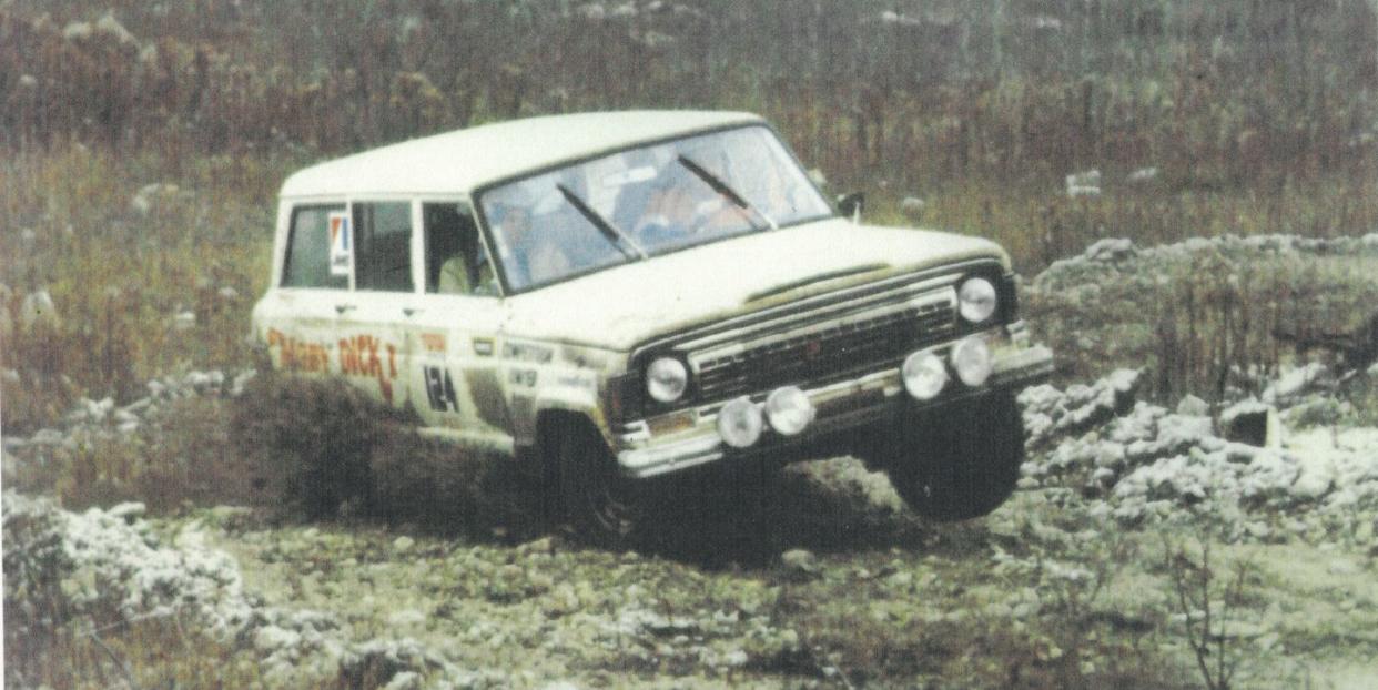 a jeep wagoneer running a rally race