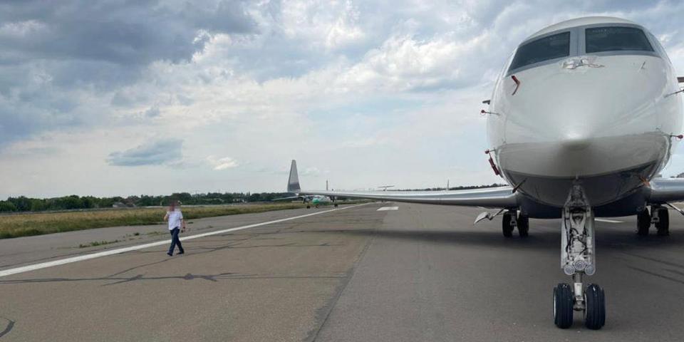 A private jet, viewed form the front,  believed to have been in use by Viktor Medvedchuk's family.