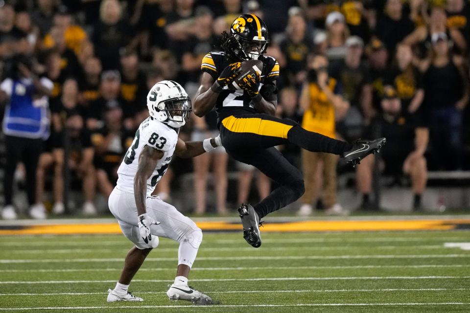 Iowa defensive back Jermari Harris intercepts a pass intended for Michigan State wide receiver Montorie Foster Jr. during the second half of MSU's 26-16 loss Saturday, Sept. 30, 2023, in Iowa City, Iowa.