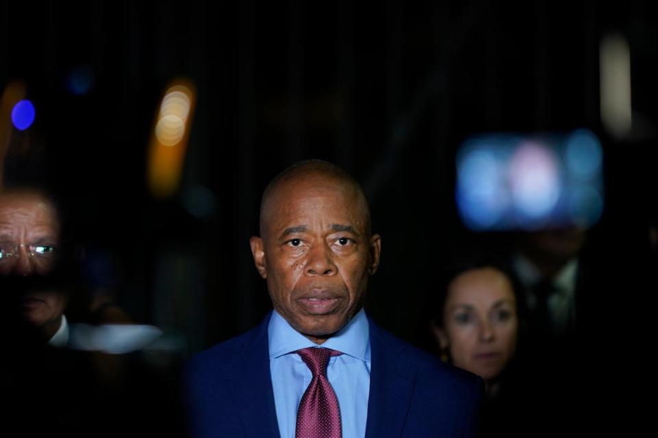 New York City Mayor Eric Adams talks to the press in front of the Basilica of Our Lady of Guadalupe, Wednesday, Oct. 4, 2023, in Mexico City (AP)